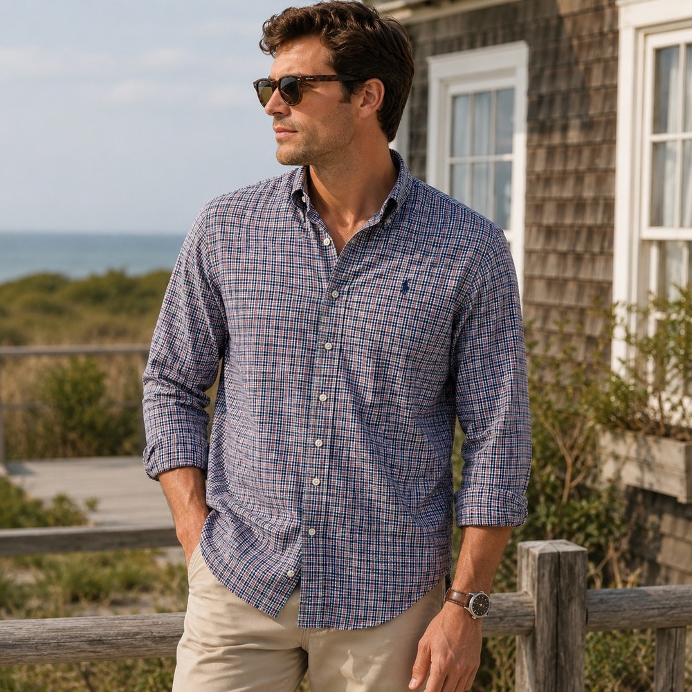 Ralph Lauren Classic Fit‎ Performance Plaid Shirt Navy Red Green Men's LG